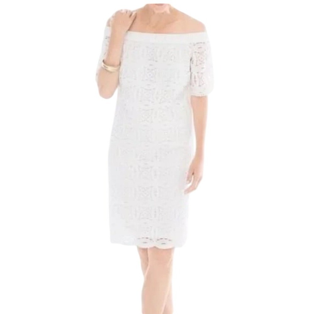 Chico's Off The Shoulder Dress Womens 14 White Lace Scalloped Shift Boho Bridal
